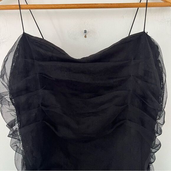 En Créme Vintage Black Ruched Sheer Mesh Spaghetti Strap Mini Dress - Picture 4 of 6